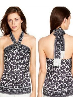 White House Black Market Black & White Printed Tassel Halter Camisole